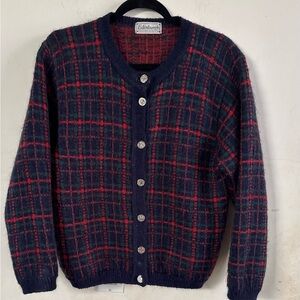 VINTAGE Edinburgh Sweater Mens Medium Navy Tartan Mohair Cardigan Great Britain
